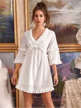 Women's White Ruffle V-Neck Dress 3/4 Length Sleeve and polyester,Elegant Style